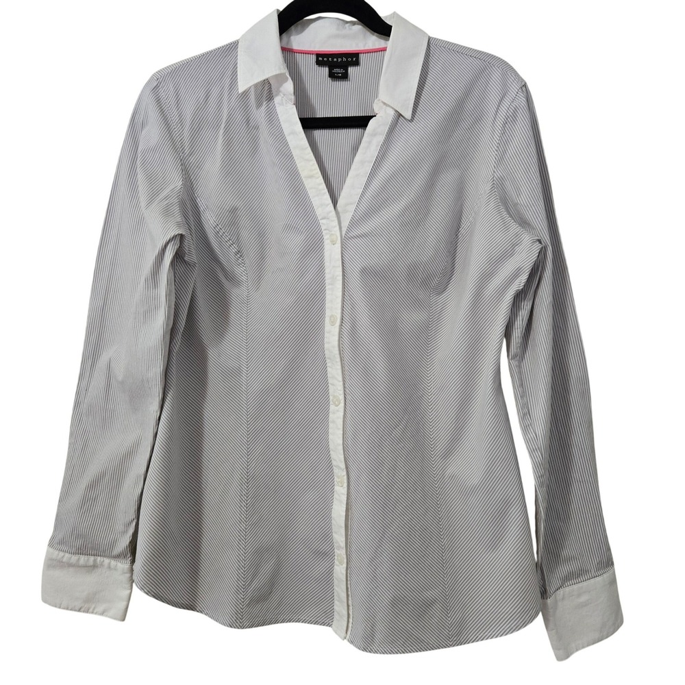 Metaphor Women L Classic Chic Grey White Pinstripe Button Down Shirt Long Sleeve